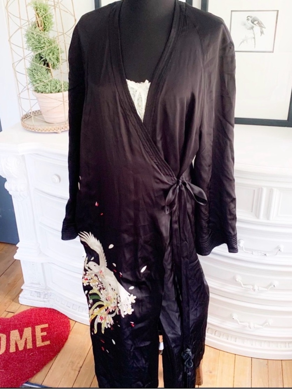 Zara Black Embroidered Robe with White Bird and Multicolor Floral Detail